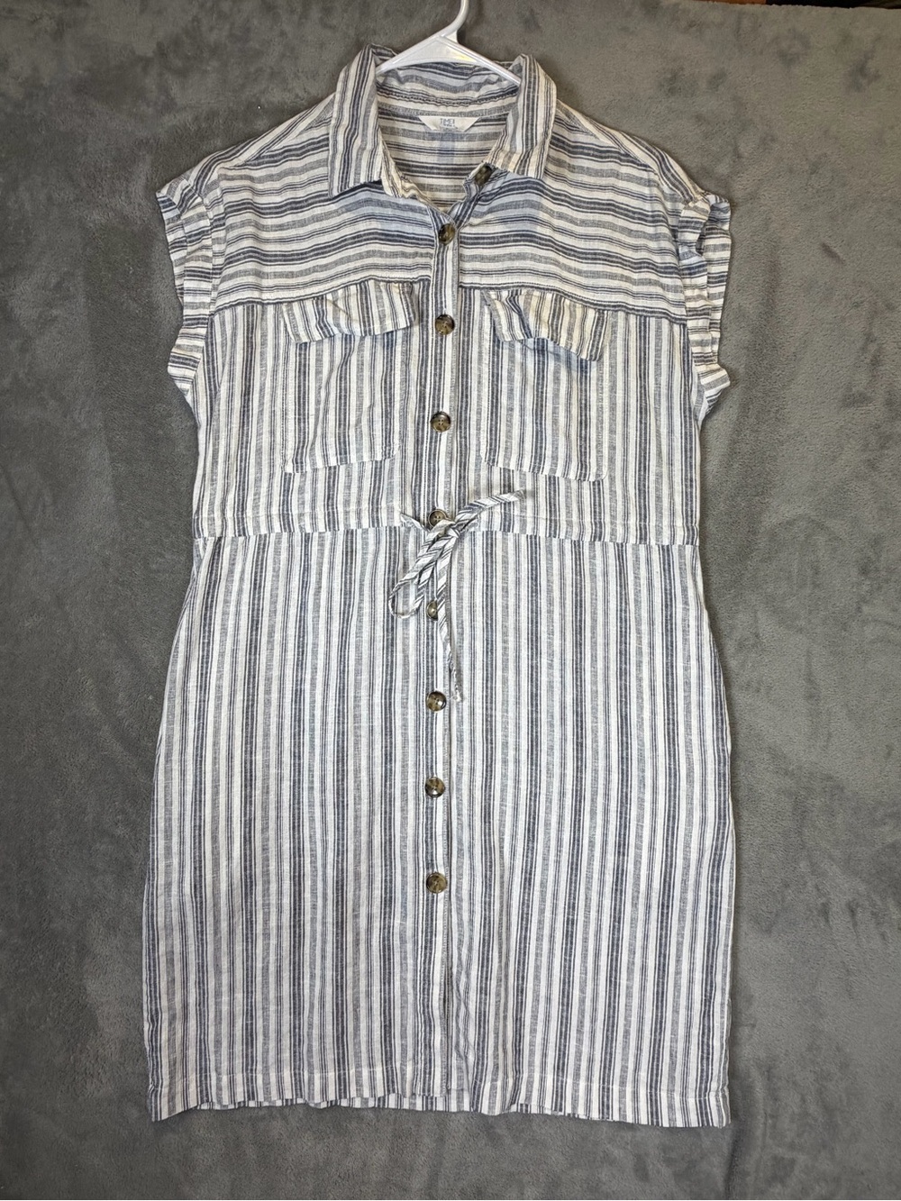 Striped Button-Front Tie-Waist Shirt Dress in Blue and White